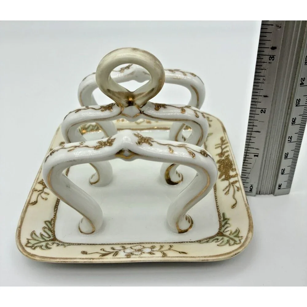 Antique Nippon Hand Painted Toast Rack Holder White Gold Flower Bead Trim 5 in